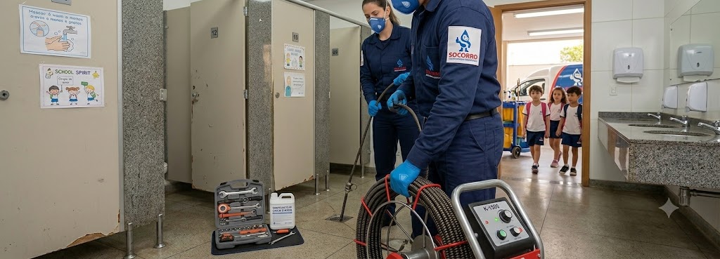 Profissional realizando Desentupimento e Manutenção Preventiva para Escolas, Colégios e Creches em Brusque